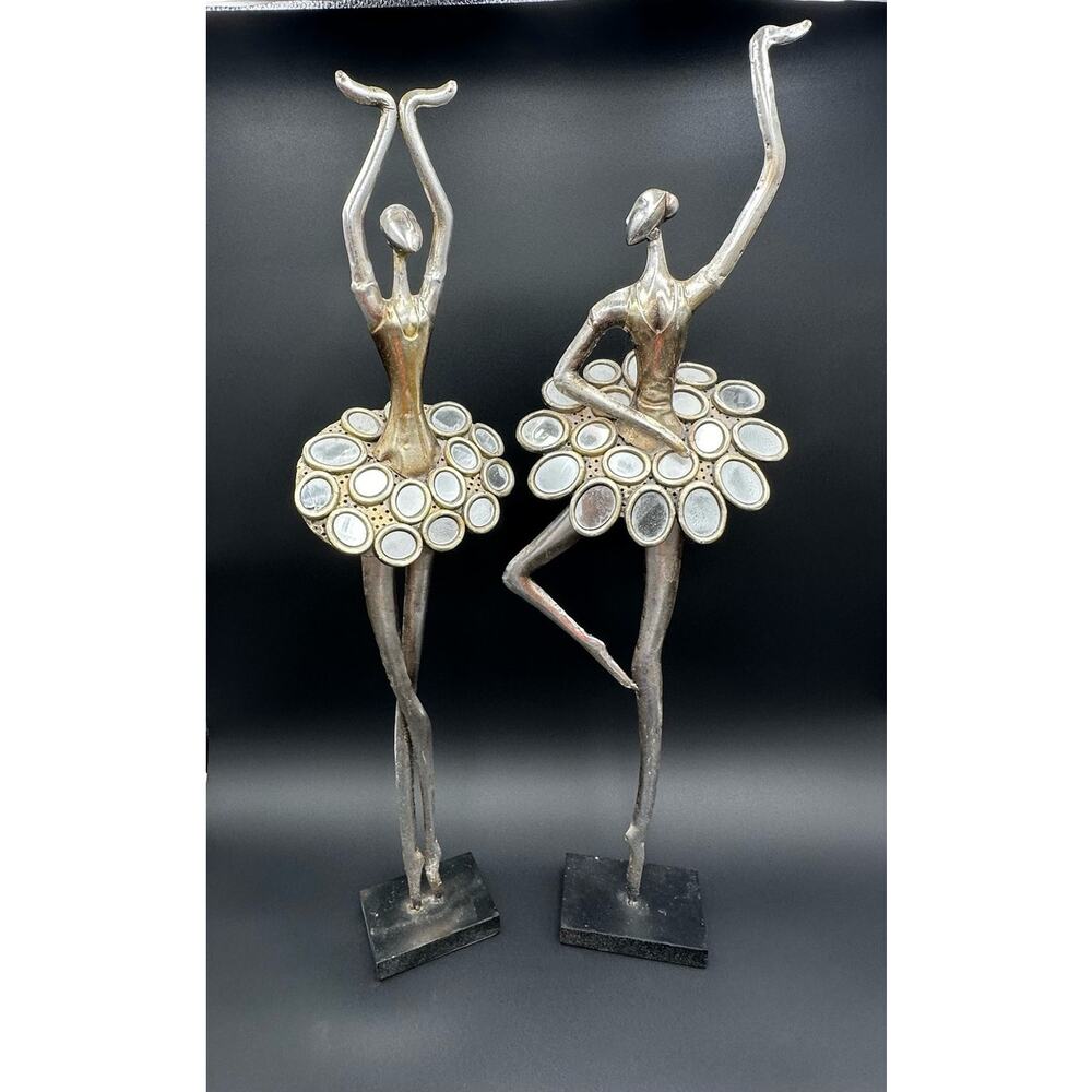 Metal Ballerina Pair Sculpture Set - Silver and Gold Tutu Accents